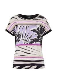 T-shirt met korte mouwen in een mix van beige, zwart en paars met een loofpatroon, omrand door horizontale strepen en een zwarte halslijn.