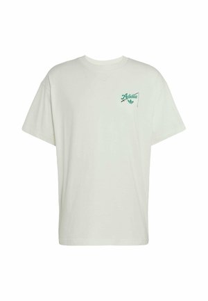 White short-sleeve T-shirt with green "Adidas" text and logo featuring a fishing rod and hook graphic on the left chest.