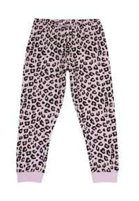 Rosa leggings med ett mönster i leopardtryck som har svarta och mörkrosa fläckar, elastisk midja och åtsittande fåror vid anklarna.
