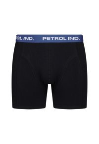 Černé boxerky vyrobené z měkké látky s modrým pasem, na kterém je text "PETROL IND.". Obsahují kontrastní švy a přiléhavý design.