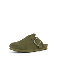 Olivgrüner Wildlederschuh zum Hineinschlüpfen mit runder Zehenpartie, verstellbarem Schnallenriemen und strukturiertem Gummisohle mit Rillen für besseren Halt.