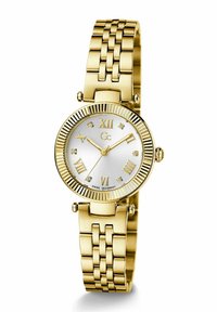 Orologio dorato con cassa rotonda, quadrante argentato, numeri romani, accenti di diamanti e un bracciale a maglie. Presenta una lunetta testurizzata.