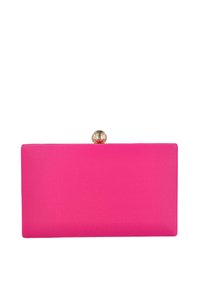 Bolso de mano rectangular rosa con acabado texturizado y cierre decorativo en tono dorado en la parte superior. Bordes suaves y diseño minimalista.
