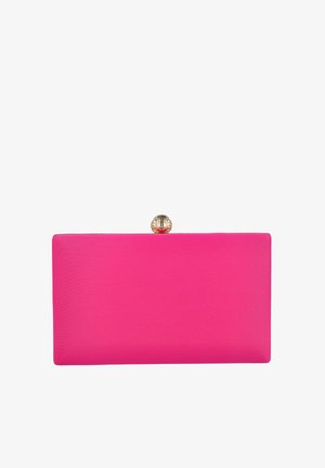 Bolso de mano rectangular rosa con acabado texturizado y cierre decorativo en tono dorado en la parte superior. Bordes suaves y diseño minimalista.