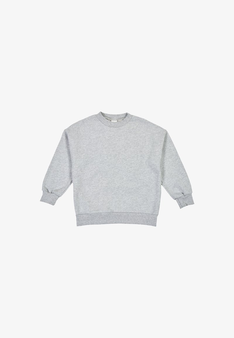 Felpa grigia a girocollo realizzata in morbido tessuto felpato, con maniche lunghe dotate di polsini a coste e un bordo a coste. Nessun motivo o dettaglio decorativo.