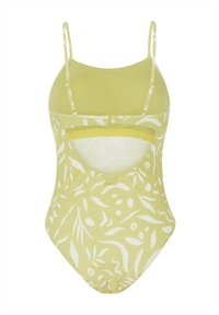 Geel een-piece zwemkleding met wit bladerenpatroon, dunne verstelbare bandjes en een cut-out achterkant. Gladde textuur met een aansluitend ontwerp.