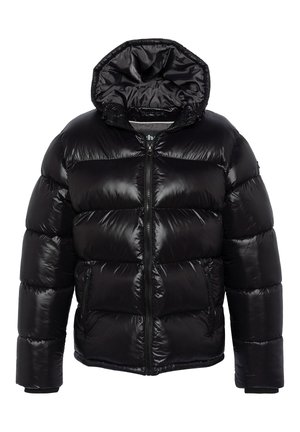 Veste matelassée noire brillante avec quilting horizontal, fermeture éclair frontale, poches latérales zippées, manches longues et capuche attachée.