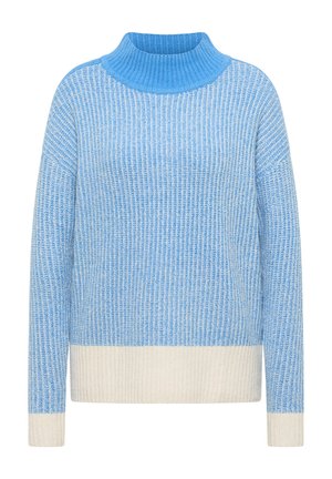 Ljusblå stickad tröja med hög, ribbad krage. Har varierande texturer samt krämfärgad nederkant och muddar. Långa ärmar, avslappnad passform.