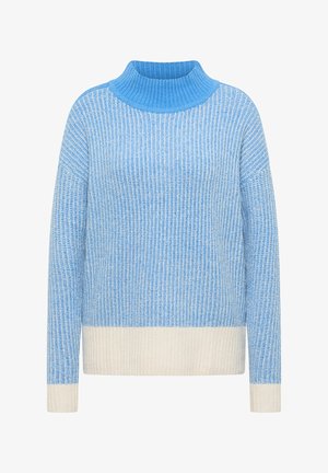 Pull en tricot bleu clair avec un col haut côtelé. Présente différentes textures et un ourlet et des poignets de couleur crème. Manches longues, coupe décontractée.