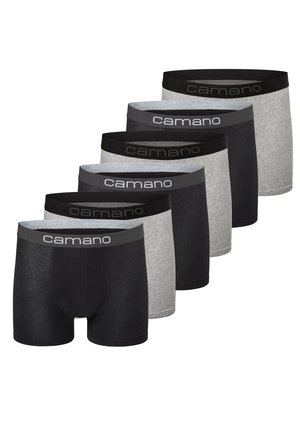 Seks par boxershorts i sort og grå, lavet af bomuld, med en elastisk talje med "camano" branding.