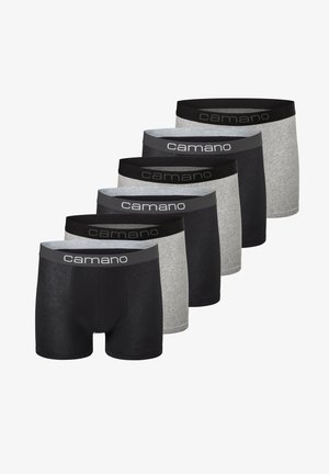 Seks par boxershorts i sort og grå, lavet af bomuld, med en elastisk talje med "camano" branding.