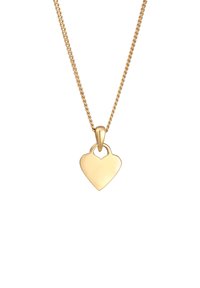 Guld hjärtformat hänge på ett vridet kedjehalsband. Hänget är slätt med en utklippning upptill; kedjan är texturerad och glittrande.