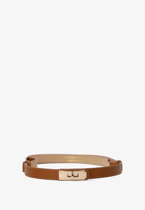 Brown genuine leather belt with a smooth texture, featuring a gold-tone metal buckle and stitching details. Made in Italy.
