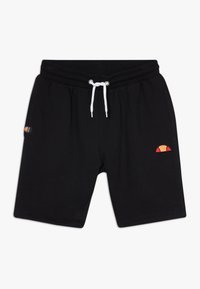 Shorts de sudor negro con cintura elástica, cordón blanco y pequeño bordado de logo de color en el muslo izquierdo. Textura de tela suave.