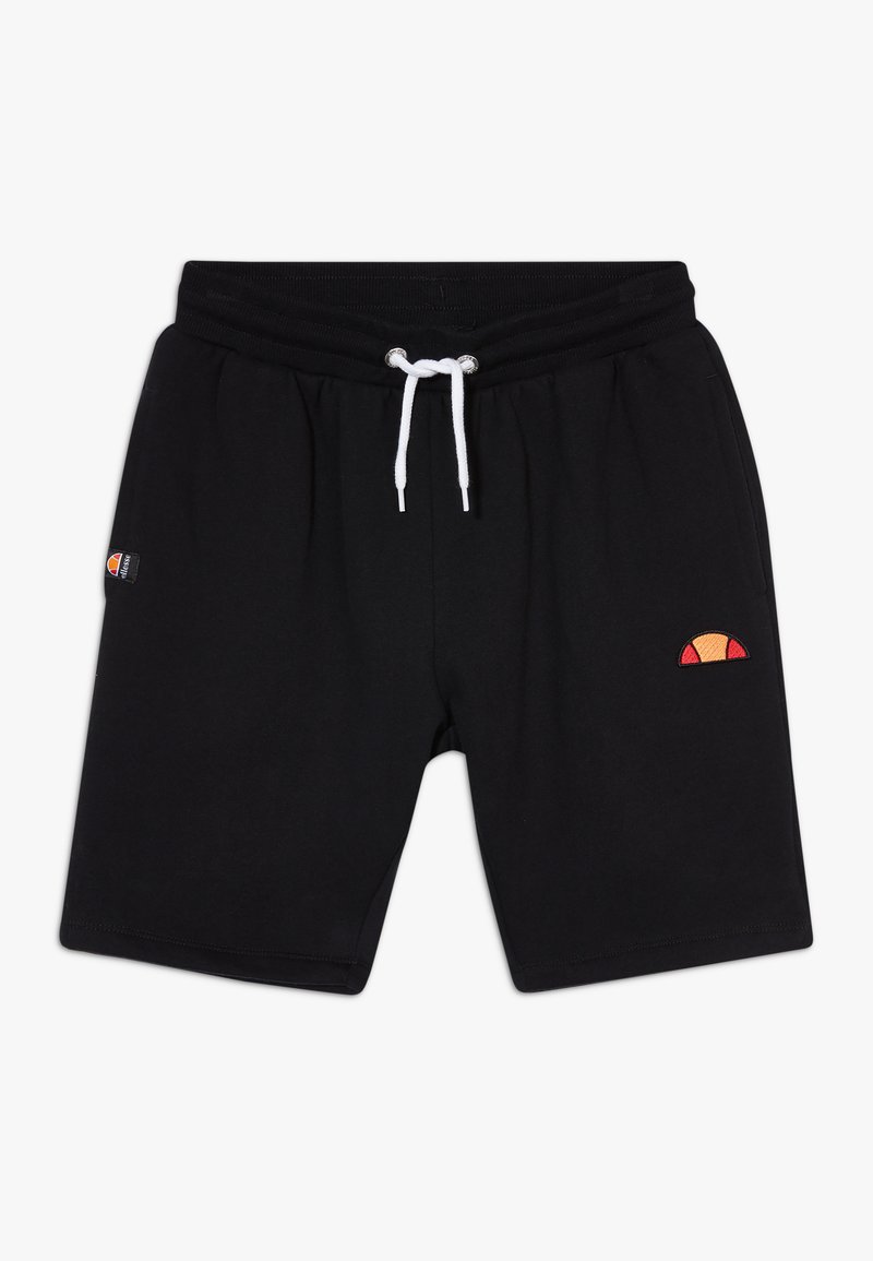 Shorts de sudor negro con cintura elástica, cordón blanco y pequeño bordado de logo de color en el muslo izquierdo. Textura de tela suave.