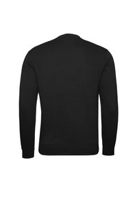 Sudadera negra de cuello redondo hecha de una tela suave, con mangas largas y puños y dobladillo acanalados, que presenta una textura lisa y sin patrones.