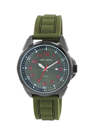 Green silicone strap watch with a black case, round dial, large red numbers, and a 5 ATM water resistance indicator.