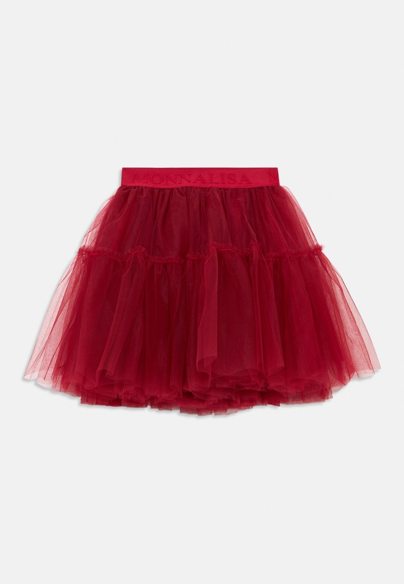Rød lagdelt tullskjørt med elastisk midjebånd som har "MONNALISA" merke, designet for en fyldig og voluminøs silhuett.