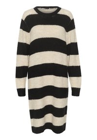 Robe pull à rayures noires et crème. Tissu texturé et doux ; manches longues ; col rond ; longueur genoux ; poignets côtelés.