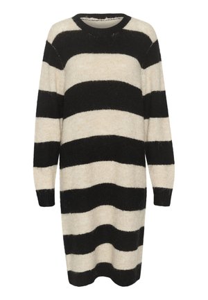 Klänning i svart och krämfärgade ränder. Texturerad, mjuk tyg; långa ärmar; rund halsringning; knälång; ribbade mudd.