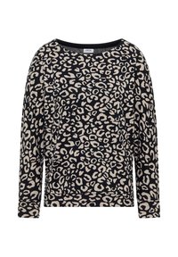 Haut à manches longues noir avec un imprimé léopard beige, encolure ronde et coupe décontractée. Texture lisse et poignets côtelés. Étiquette de marque visible.