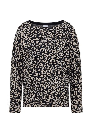 Haut à manches longues noir avec un imprimé léopard beige, encolure ronde et coupe décontractée. Texture lisse et poignets côtelés. Étiquette de marque visible.
