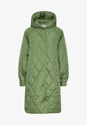 Gequilteter grüner Mantel mit Kapuze und Druckknöpfen. Verfügt über lange Ärmel und ein diamantförmiges Muster, gefertigt aus leichtem Material.