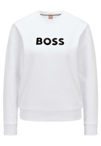 Vit sweatshirt med rund hals och långa ärmar. Har fet svart "BOSS"-text framtill. Mjuk textur och åtsittande mudd.