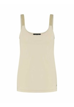 Beige dames tanktop zonder mouwen met een ronde halslijn en glinsterende gouden schouderbandjes, effen ontwerp.
