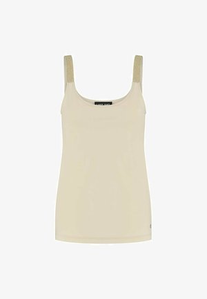 Beige dames tanktop zonder mouwen met een ronde halslijn en glinsterende gouden schouderbandjes, effen ontwerp.