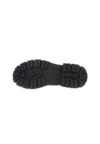 Black rubber boot sole featuring deep treads, textured surface, and a rectangular section for branding. Sturdy design for traction and durability.