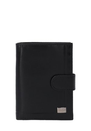 Black leather wallet with a smooth texture, featuring a front flap closure and a branded metal accent at the bottom right corner.