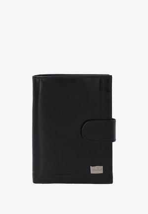 Portefeuille en cuir noir au texture lisse, avec une fermeture à rabat à l'avant et un accent métallique de marque dans le coin inférieur droit.