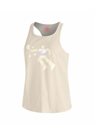 Beiges ärmelloses Sport-Top mit einer geometrischen Figur, die Tischtennis spielt, auf der Vorderseite gedruckt.