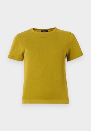 T-shirt jaune moutarde à manches courtes dans un tissu doux et texturé. Il présente un col rond et un lettrage subtil « soeur » à l'avant.