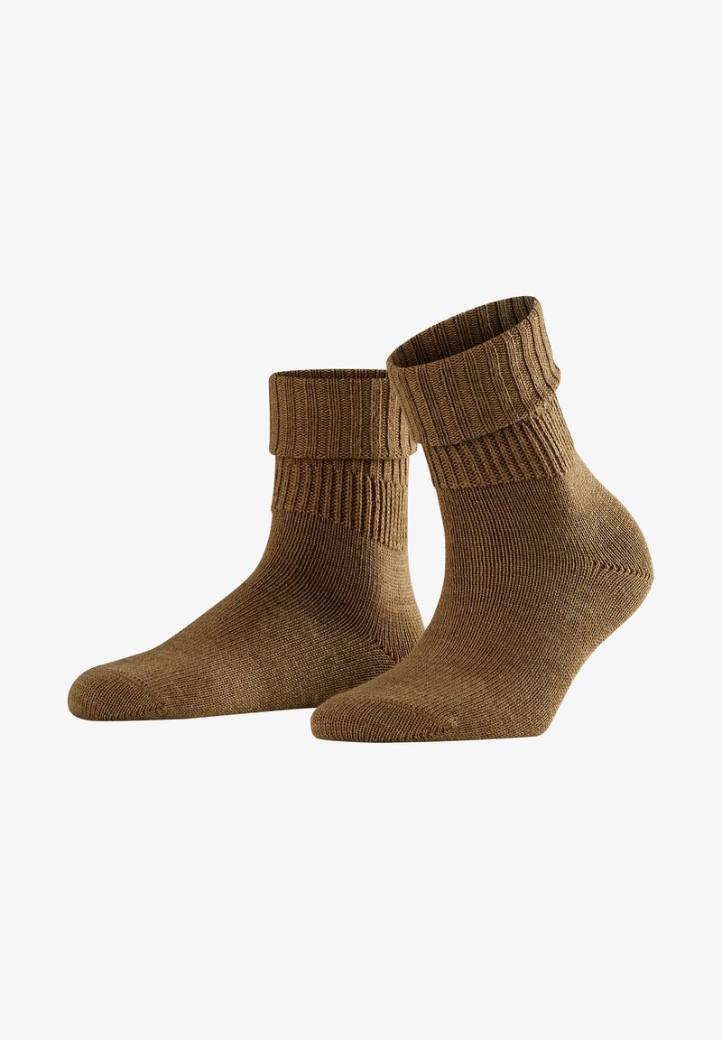 Brown ribbed ankle socks with a fold-over cuff, made from a soft, textured material, featuring a smooth toe and seamless construction.