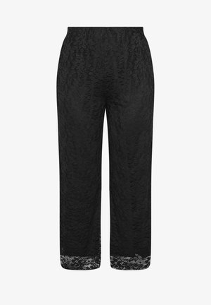 Schwarze, weit geschnittene, kurz geschnittene Hose aus Spitze mit hoher Taille und floralem Strukturmuster, ausgestattet mit einem halbtransparenten Spitzenabschluss.