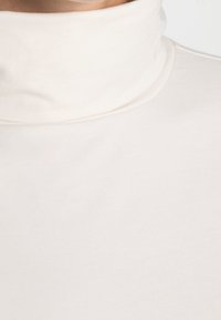 Maglia a collo alto di un colore beige chiaro, realizzata in un tessuto morbido con una consistenza liscia. Il collo è ripiegato, creando una vestibilità aderente attorno al collo.