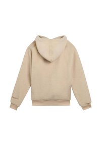 Felpa con cappuccio beige in pile dal texture morbida, con cappuccio, maniche lunghe e polsini a costine. Nessun logo o motivo visibile.