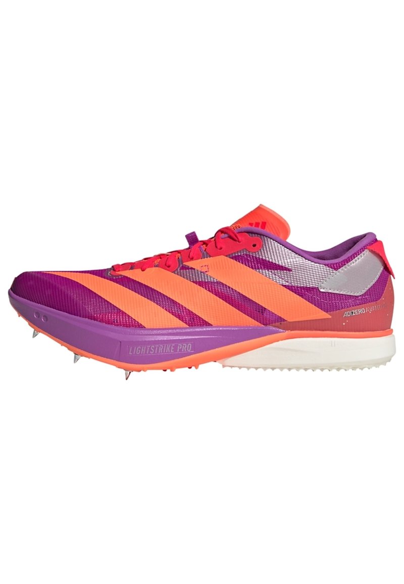 Track shoe featuring a purple and orange color scheme, lightweight mesh upper, three striped accents, and a textured rubber sole with spikes.
