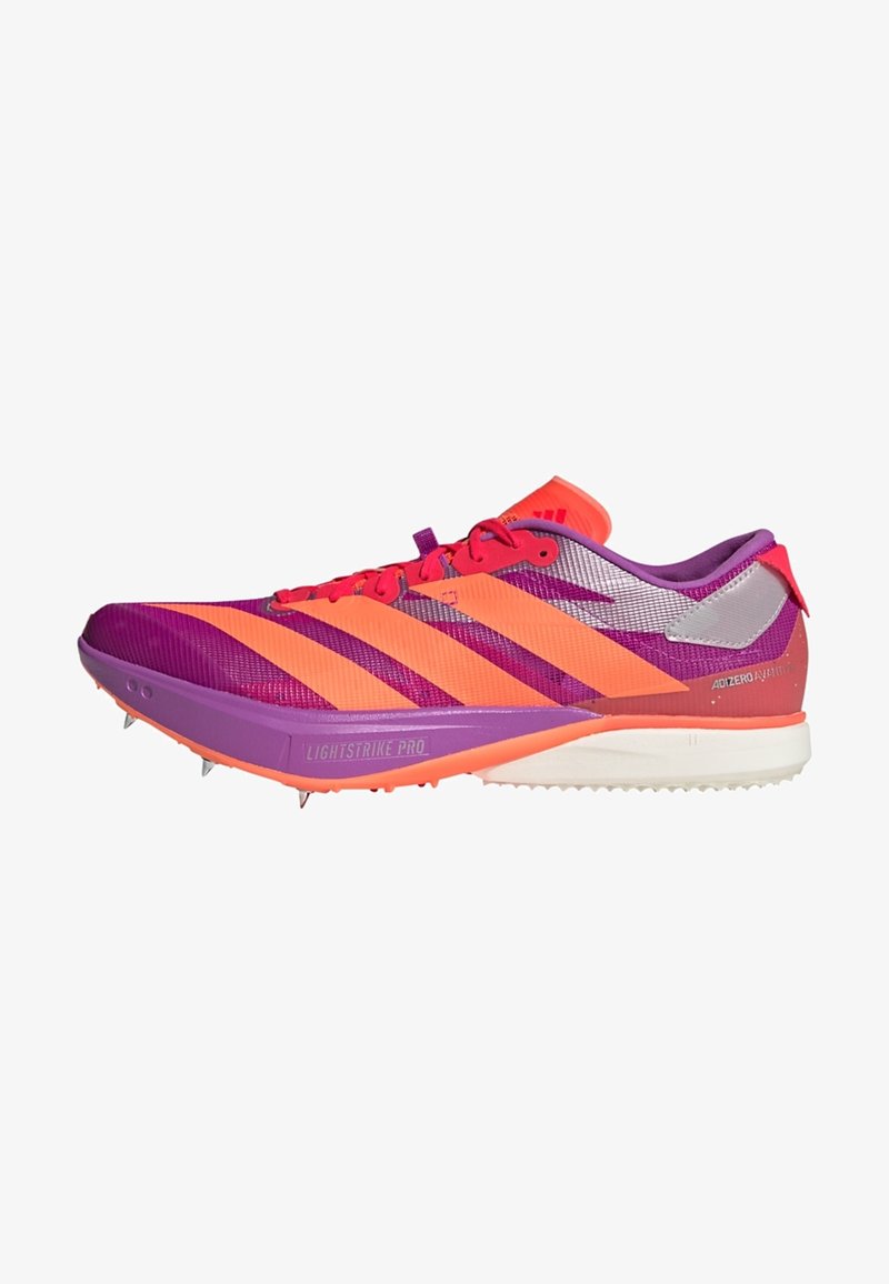 Track shoe featuring a purple and orange color scheme, lightweight mesh upper, three striped accents, and a textured rubber sole with spikes.