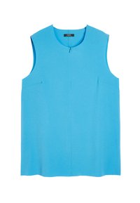 Jasnoniebieski top bez rękawów wykonany z gładkiego materiału. Posiada okrągły dekolt oraz dwie kieszenie z przodu dla dodatkowego akcentu. Prosty design.