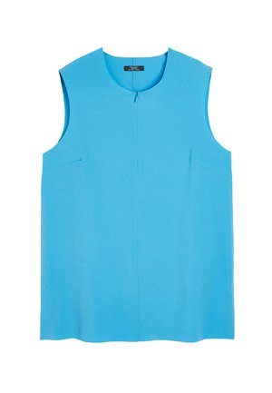 Jasnoniebieski top bez rękawów wykonany z gładkiego materiału. Posiada okrągły dekolt oraz dwie kieszenie z przodu dla dodatkowego akcentu. Prosty design.