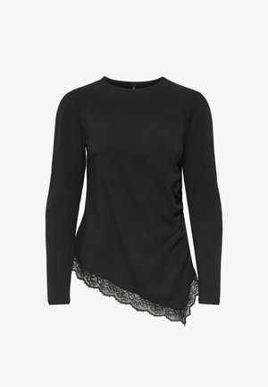 Chemise noire à manches longues avec ourlet asymétrique orné d'une bordure en dentelle florale, col rond et légère fronces sur les côtés.