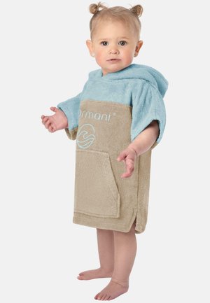 Hooded towel in light blue and beige terry cloth, featuring a front pocket and logo. Soft, absorbent texture with a relaxed fit.