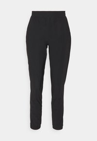Pantaloni negri tapered cu talie elastică, fabricați dintr-un material fin și ușor. Au buzunare laterale și o siluetă elegantă.