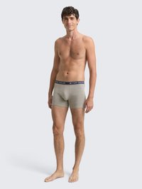 Ung man som står barfota, iklädd grå boxerkalsonger med en marinblå midjeband märkta "Tom Tailor," mot en enkel ljus bakgrund.