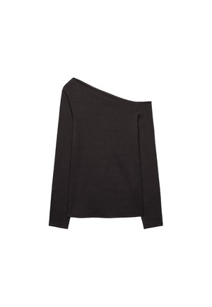 Črna off-the-shoulder majica z dolgimi rokavi, izdelana iz mehkega materiala, z ohlapnim krojem in gladko teksturo. Brez vidnih vzorcev ali okraskov.