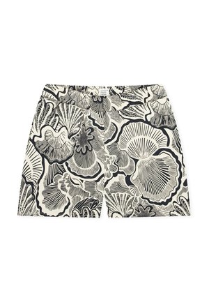 Zwart-witte korte broek met patroon van abstracte schelpen en koraal, elastische tailleband en label in het midden vooraan.