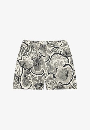 Zwart-witte korte broek met patroon van abstracte schelpen en koraal, elastische tailleband en label in het midden vooraan.